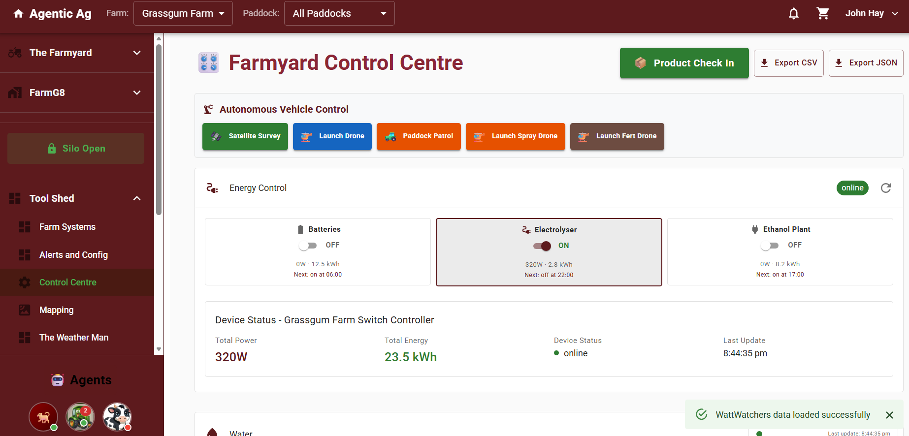 Agentic Ag Control Centre dashboard